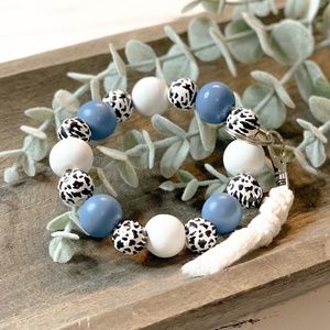 Mole Hill Uniques Cow Print Bangle Keychain, Handmade, Wood Beads
